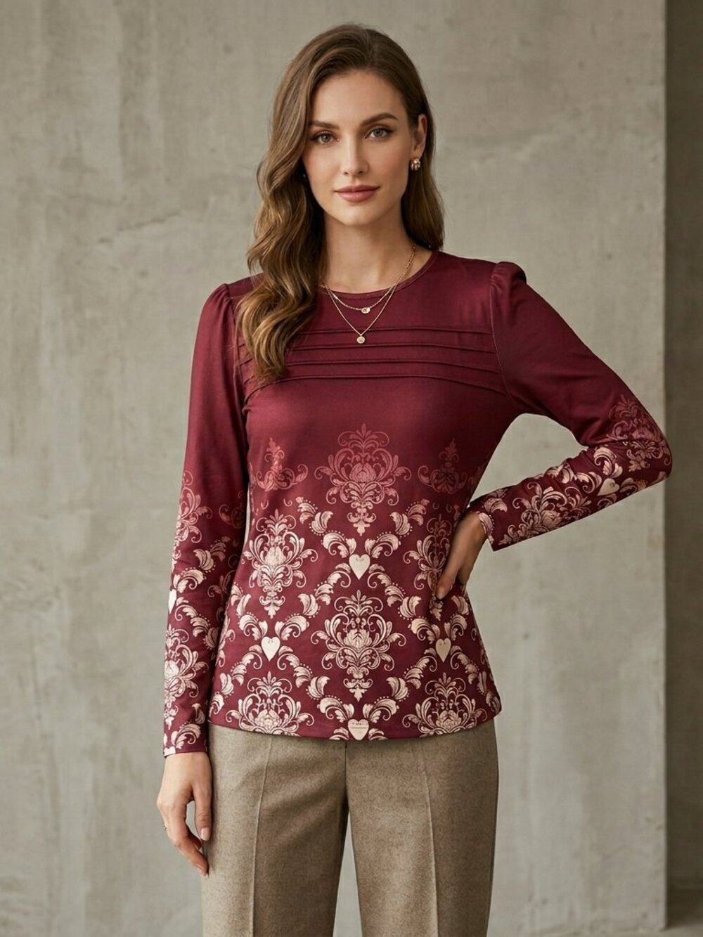 Burgundy Damask Long Sleeve Top Boho Victorian Aesthetic NWT